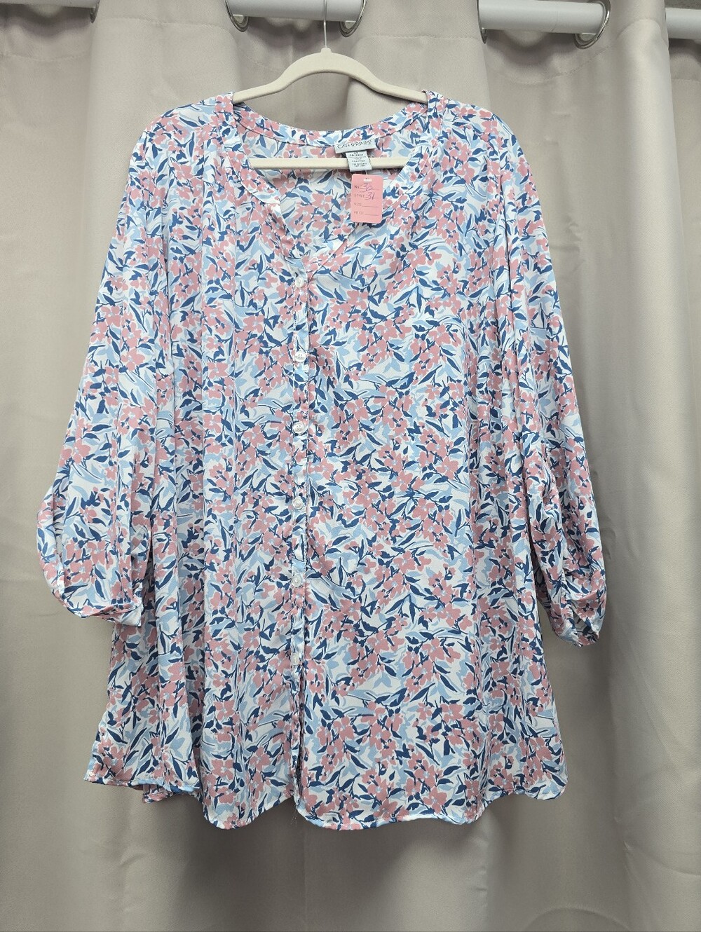 Catherines Light Blue & Pink Floral Button-Front Women’s Blouse Size 26/28W